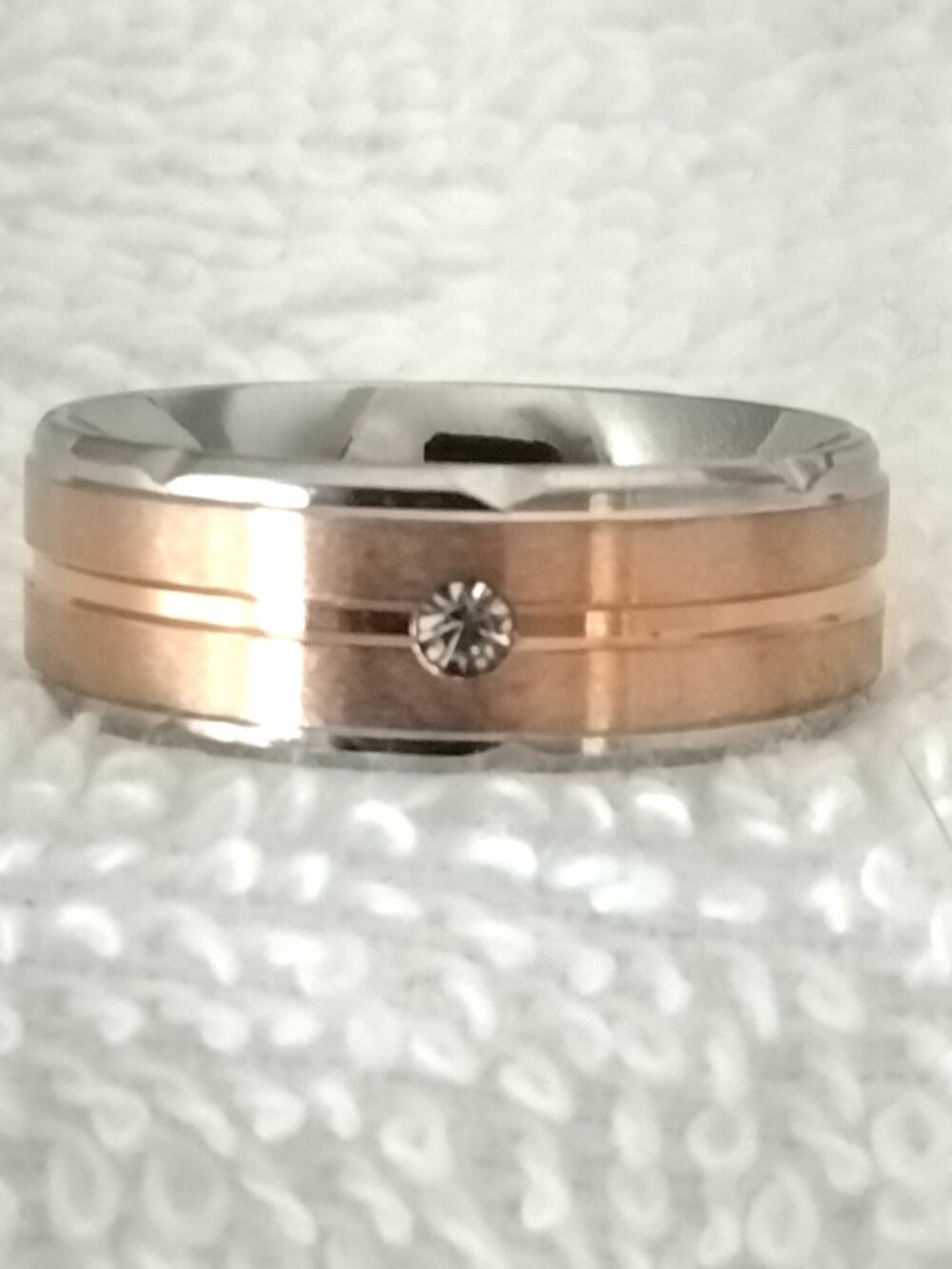 Size 11 Two-Tone Stainless Steel Wedding Band with Clear Accent Stone